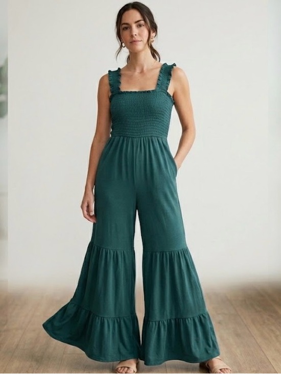 Fashion Pants - Teal Smocked Jumpsuit Women’s Small Wide Leg Ruffle Hem Boho Romper